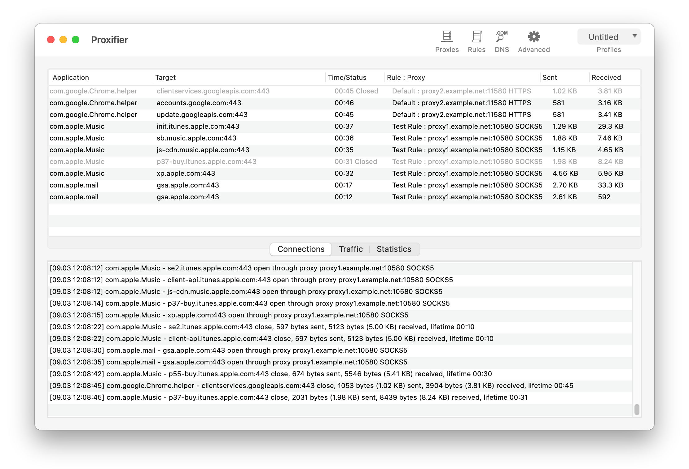Proxifier macOS 主界面：顶部 Proxies / Rules / DNS 工具栏与连接日志