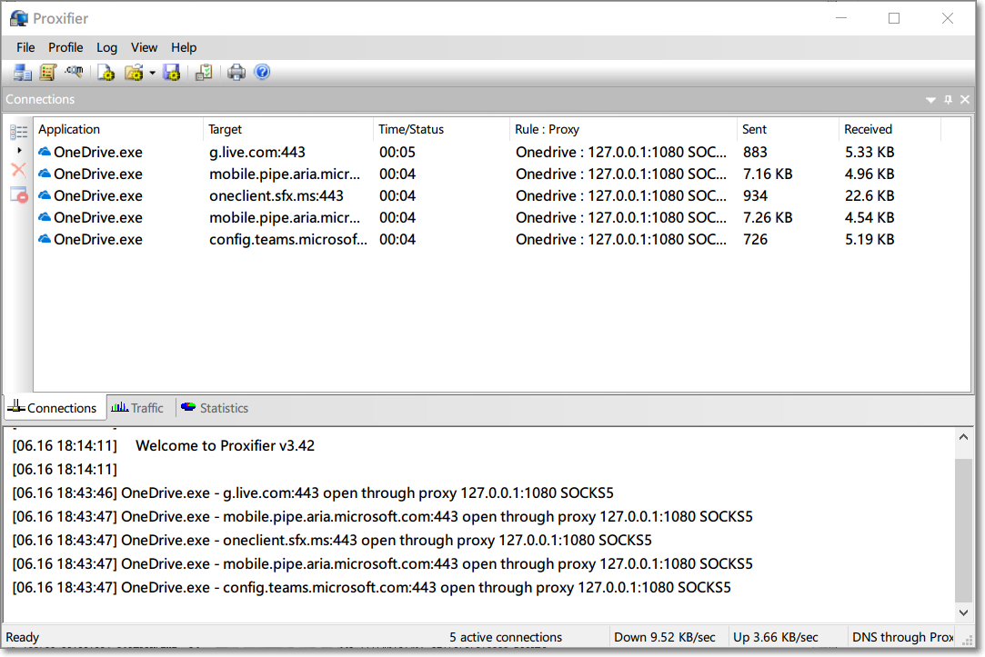 Proxifier Windows 连接日志：各程序 open through proxy SOCKS5