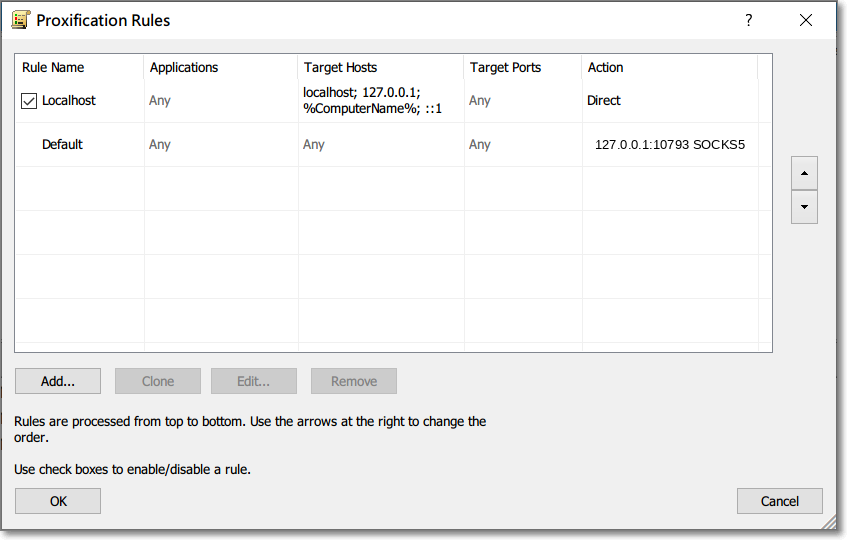 Proxifier Windows 代理规则：Localhost 直连，Default 走 127.0.0.1:10793 SOCKS5